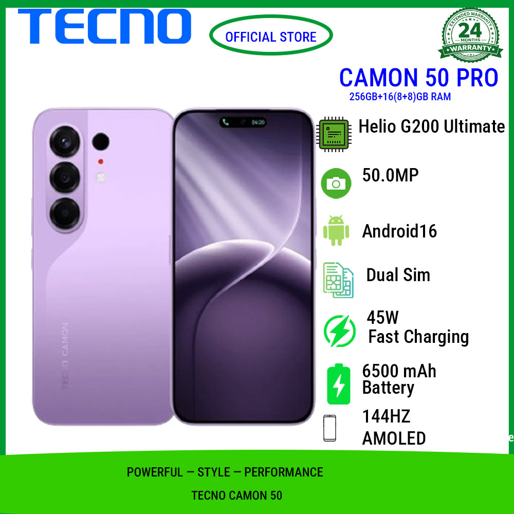 Tecno Camon 50 Pro 256GB+16(8+8)GB RAM 6.78" 144Hz Curved AMOLED MTK Helio G200 Ultimate 45W 6500mAh 50MP Dual Speaker Android16 IP68/IP69 Dust Water Resistance Dual Sim Smart Phones