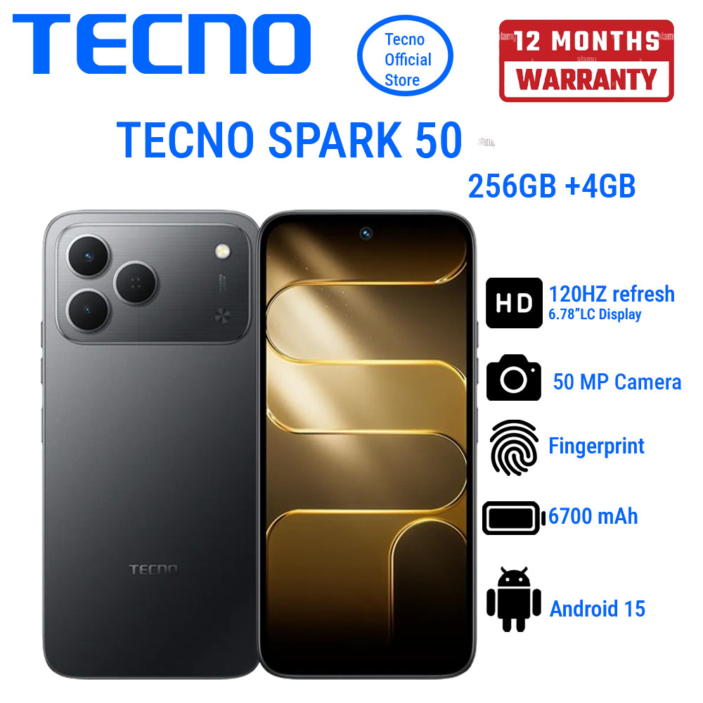 TECNO SPARK 50 256GB+4GB 6.78" 120Hz Phone Dynamic Port 50MP Dual Speaker 6700mAh 18W Type-C Dual SIM 4G Side Fingerprint  Smart AI Phones