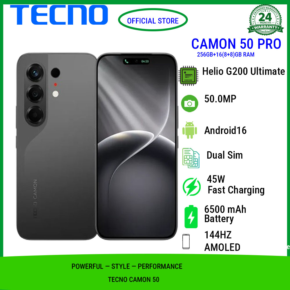 Tecno Camon 50 Pro 256GB+16(8+8)GB RAM 6.78" 144Hz Curved AMOLED MTK Helio G200 Ultimate 45W 6500mAh 50MP Dual Speaker Android16 IP68/IP69 Dust Water Resistance Dual Sim Smart Phones