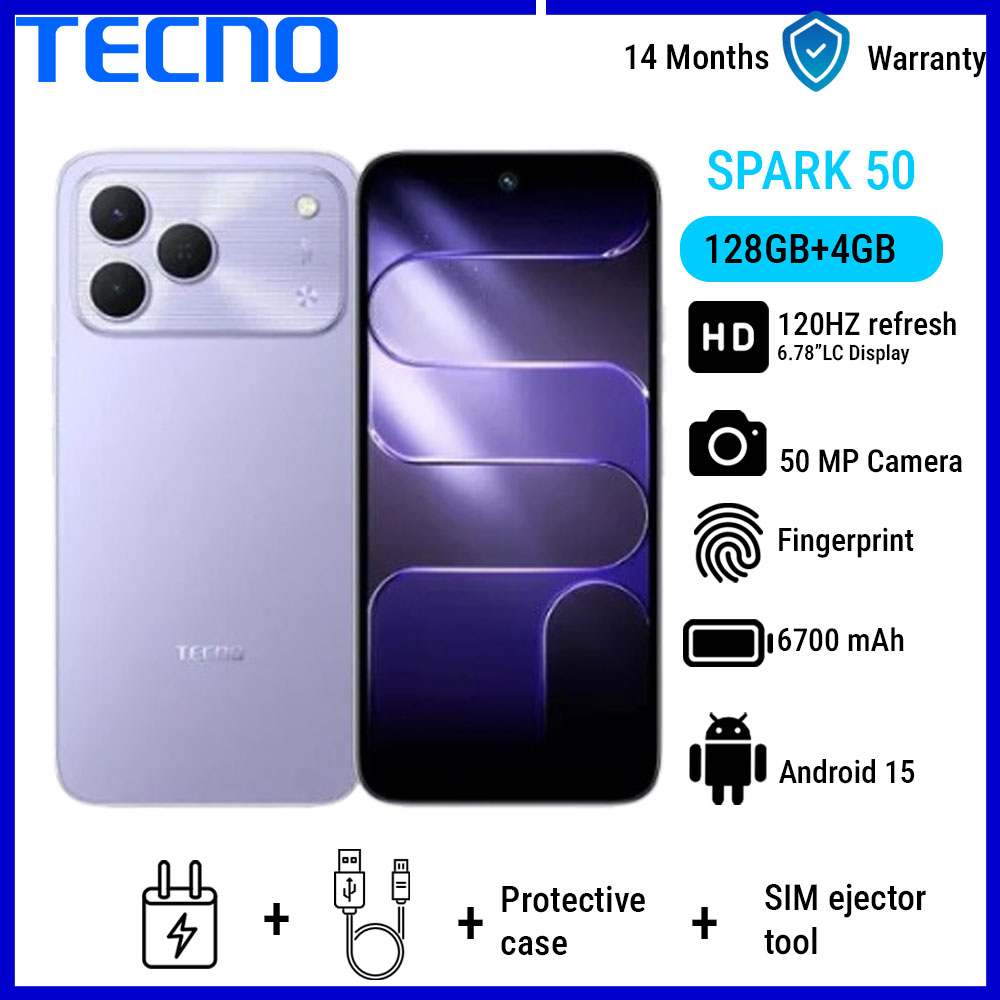 TECNO SPARK 50 128GB+4GB 6.78" 120Hz Phone Dynamic Port 50MP Dual Speaker 6700mAh 18W Type-C Dual SIM 4G Side Fingerprint  Smart AI Phones