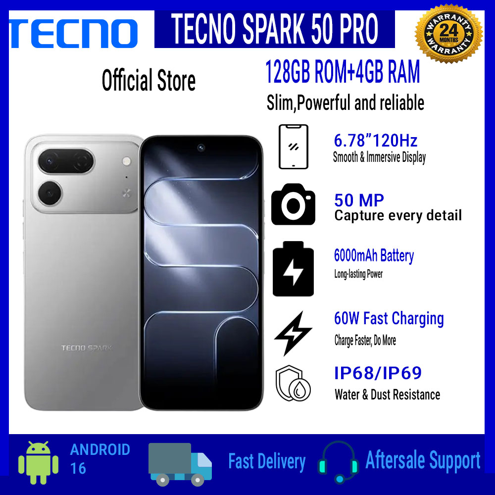 TECNO SPARK 50 Pro 128GB ROM + 4GB RAM, 6.78" 120Hz 4G Smartphone, 6000mAh Battery, 60W Fast Charging, 50MP Camera, Android 16, IP68/IP69