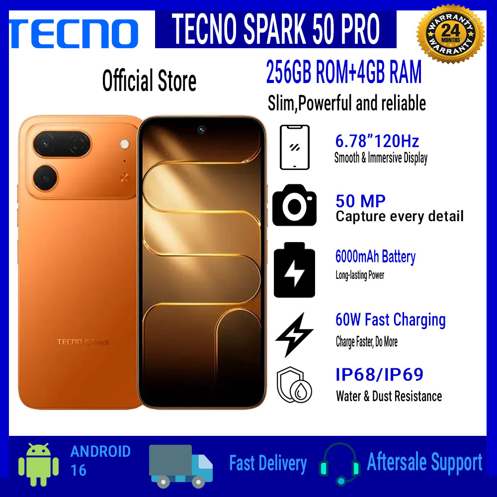 TECNO SPARK 50 Pro  256GB ROM + 4GB RAM, 6.78" 120Hz 4G Smartphone, 6000mAh Battery, 60W Fast Charging, 50MP Camera, Android 16, IP68/IP69