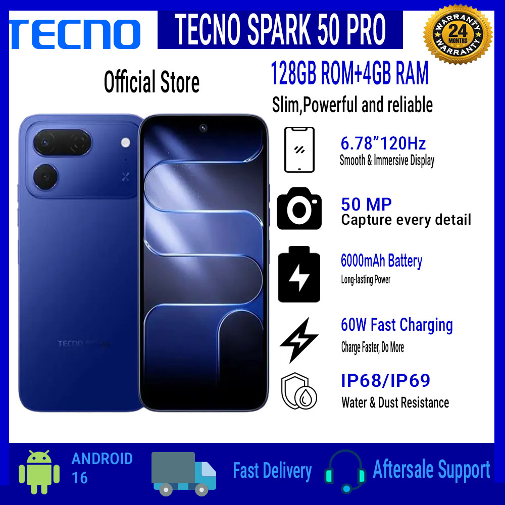 TECNO SPARK 50 Pro 128GB ROM + 4GB RAM, 6.78" 120Hz 4G Smartphone, 6000mAh Battery, 60W Fast Charging, 50MP Camera, Android 16, IP68/IP69