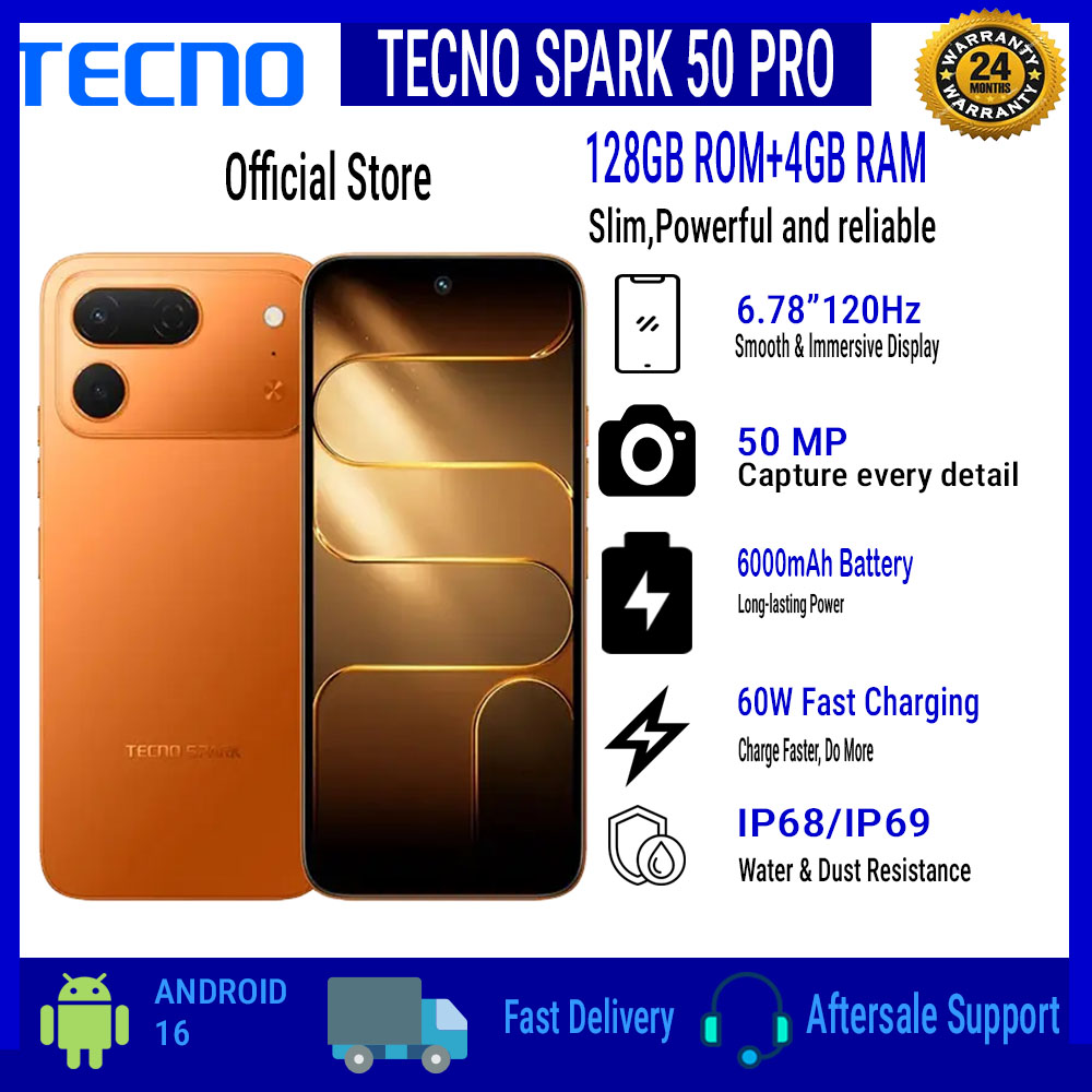 TECNO SPARK 50 Pro 128GB ROM + 4GB RAM, 6.78" 120Hz 4G Smartphone, 6000mAh Battery, 60W Fast Charging, 50MP Camera, Android 16, IP68/IP69