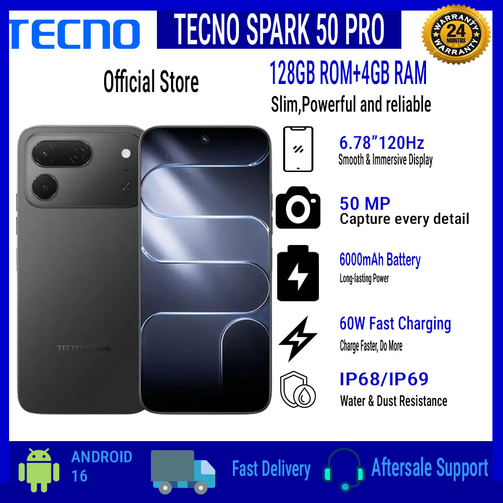 TECNO SPARK 50 Pro 128GB ROM + 4GB RAM, 6.78" 120Hz 4G Smartphone, 6000mAh Battery, 60W Fast Charging, 50MP Camera, Android 16, IP68/IP69
