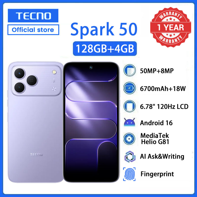 TECNO SPARK 50 128GB+4GB 6.78" 120Hz Phone Dynamic Port 50MP Dual Speaker 6700mAh 18W Type-C Dual SIM 4G Side Fingerprint  Smart AI Phones