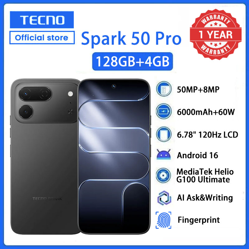 TECNO SPARK 50 Pro 128GB ROM + 4GB RAM, 6.78" 120Hz 4G Smartphone, 6000mAh Battery, 60W Fast Charging, 50MP Camera, Android 16, IP68/IP69