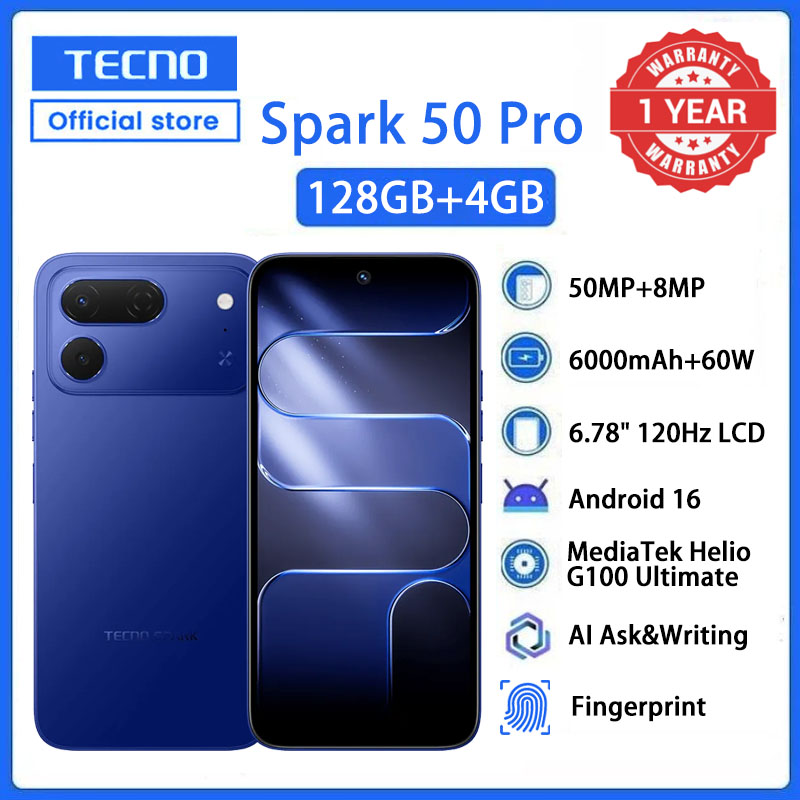 TECNO SPARK 50 Pro 128GB ROM + 4GB RAM, 6.78" 120Hz 4G Smartphone, 6000mAh Battery, 60W Fast Charging, 50MP Camera, Android 16, IP68/IP69