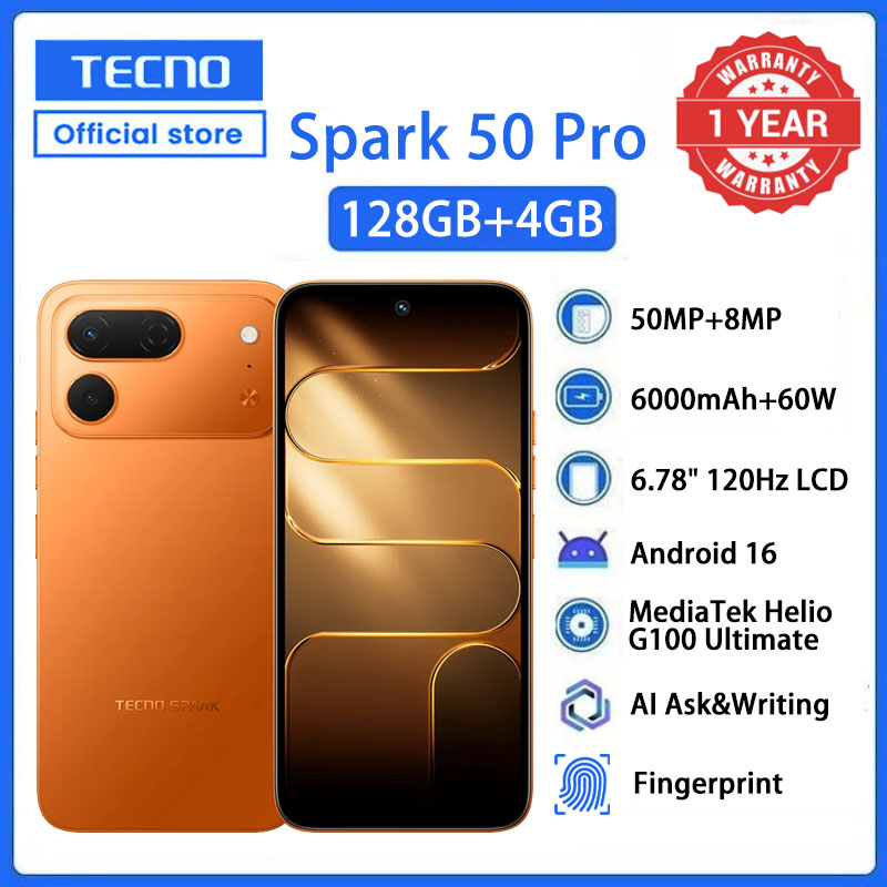 TECNO SPARK 50 Pro 128GB ROM + 4GB RAM, 6.78" 120Hz 4G Smartphone, 6000mAh Battery, 60W Fast Charging, 50MP Camera, Android 16, IP68/IP69