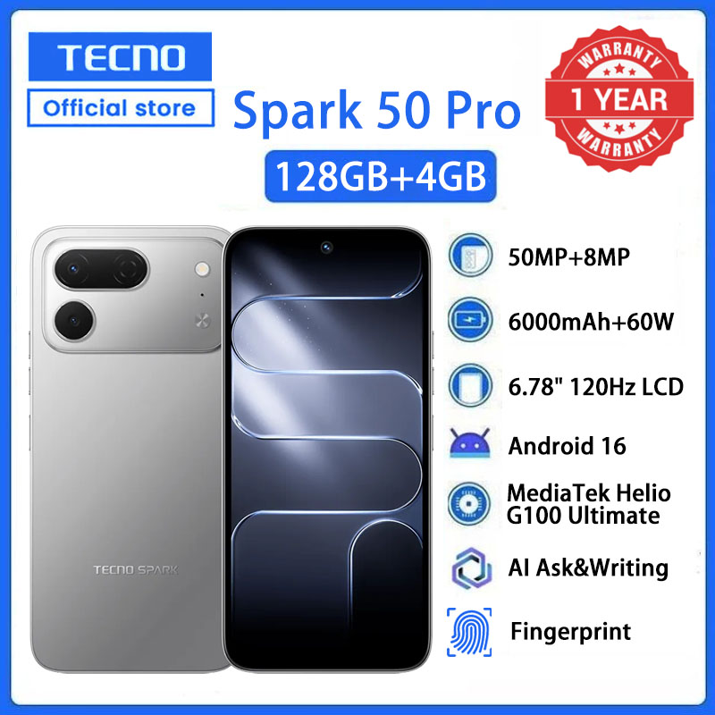 TECNO SPARK 50 Pro 128GB ROM + 4GB RAM, 6.78" 120Hz 4G Smartphone, 6000mAh Battery, 60W Fast Charging, 50MP Camera, Android 16, IP68/IP69