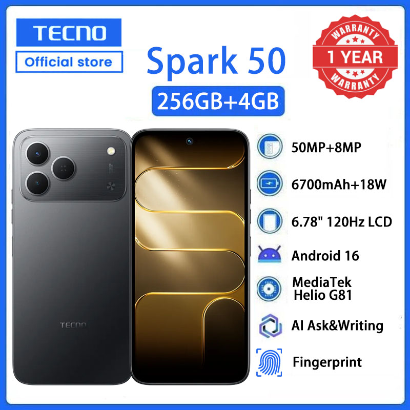 TECNO SPARK 50 256GB+4GB 6.78" 120Hz Phone Dynamic Port 50MP Dual Speaker 6700mAh 18W Type-C Dual SIM 4G Side Fingerprint  Smart AI Phones