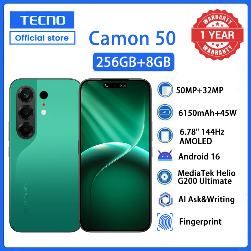 Tecno Camon 50 256GB+16(8+8)GB RAM 6.78" AMOLED 144Hz Screen MTK Helio G200 Ultimate 45W 6500 mAh 50MP Dual Speaker Android 16 Smart Phones Dual Sim phone