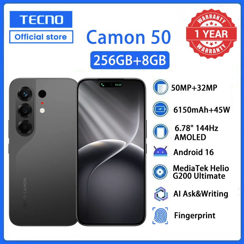 Tecno Camon 50 256GB+16(8+8)GB RAM 6.78" AMOLED 144Hz Screen MTK Helio G200 Ultimate 45W 6500 mAh 50MP Dual Speaker Android 16 Smart Phones Dual Sim phone