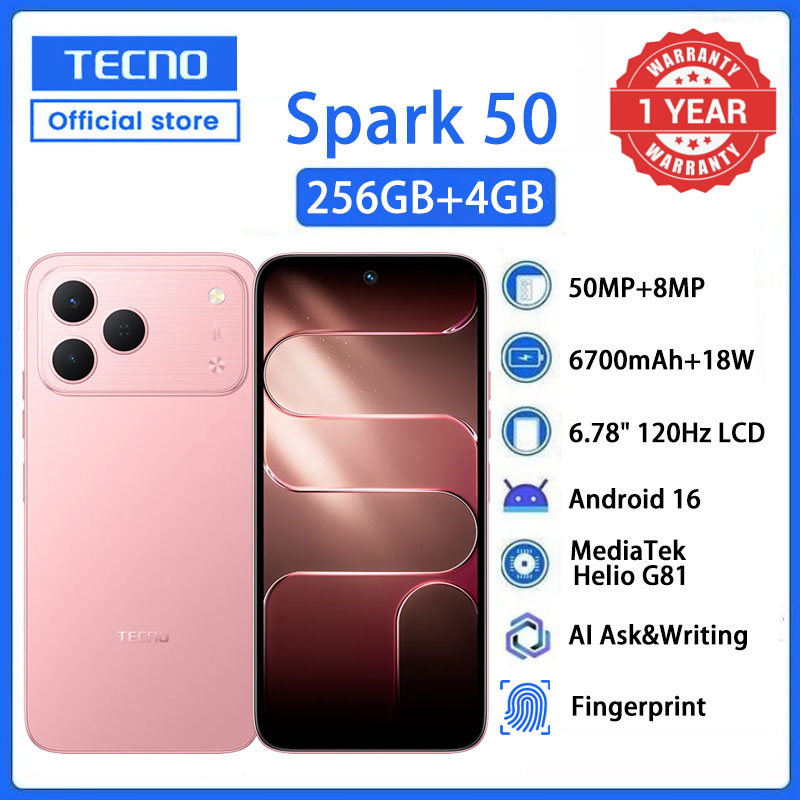 TECNO SPARK 50 256GB+4GB 6.78" 120Hz Phone Dynamic Port 50MP Dual Speaker 6700mAh 18W Type-C Dual SIM 4G Side Fingerprint  Smart AI Phones