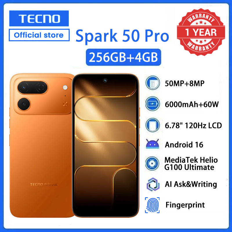 TECNO SPARK 50 Pro  256GB ROM + 4GB RAM, 6.78" 120Hz 4G Smartphone, 6000mAh Battery, 60W Fast Charging, 50MP Camera, Android 16, IP68/IP69