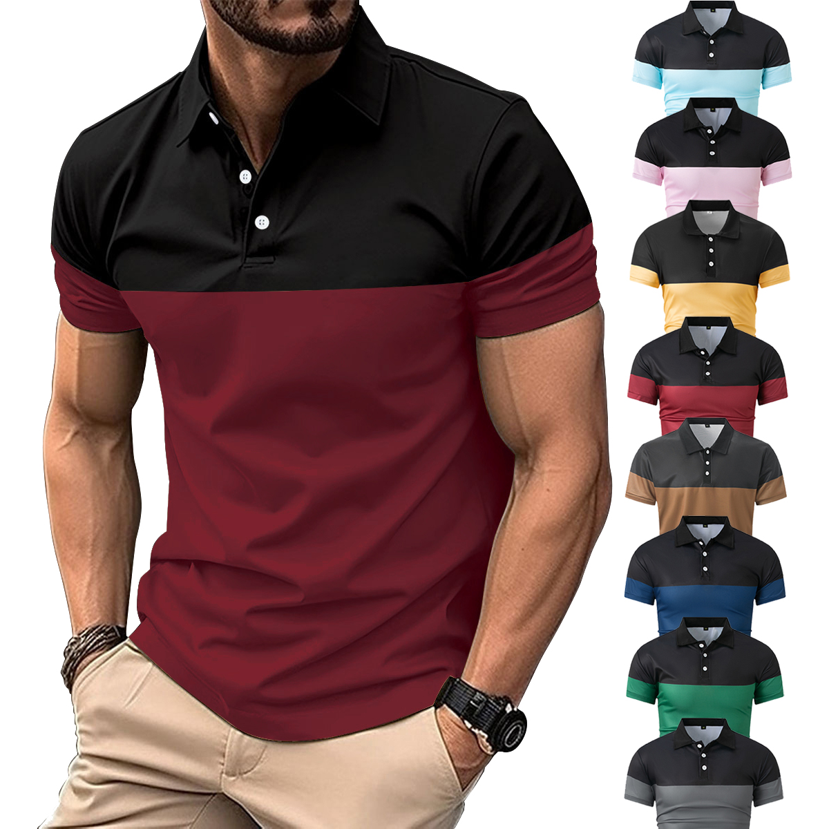 Plus Size Men Clothes Men's Casual POLO Shirt Business V-neck Button Short Sleeve Man T-shirt Color Matching Men's Tops