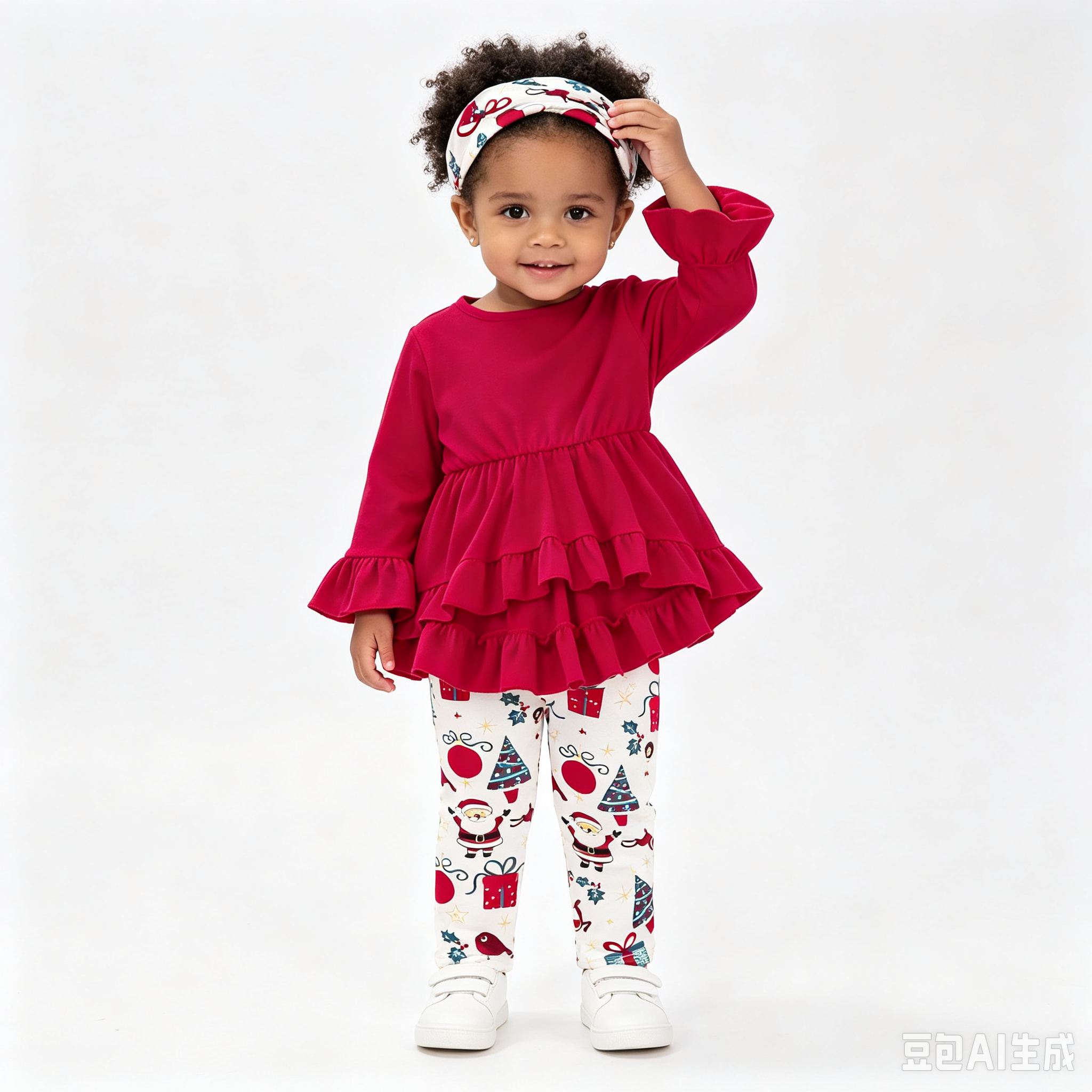 Sarah Toddler Baby Girl 3Pcs Christmas Outfit Set, Ruffle Long Sleeve Peplum Top + Santa Print Leggings + Matching Headband, Kids Girls Holiday Clothing Sets