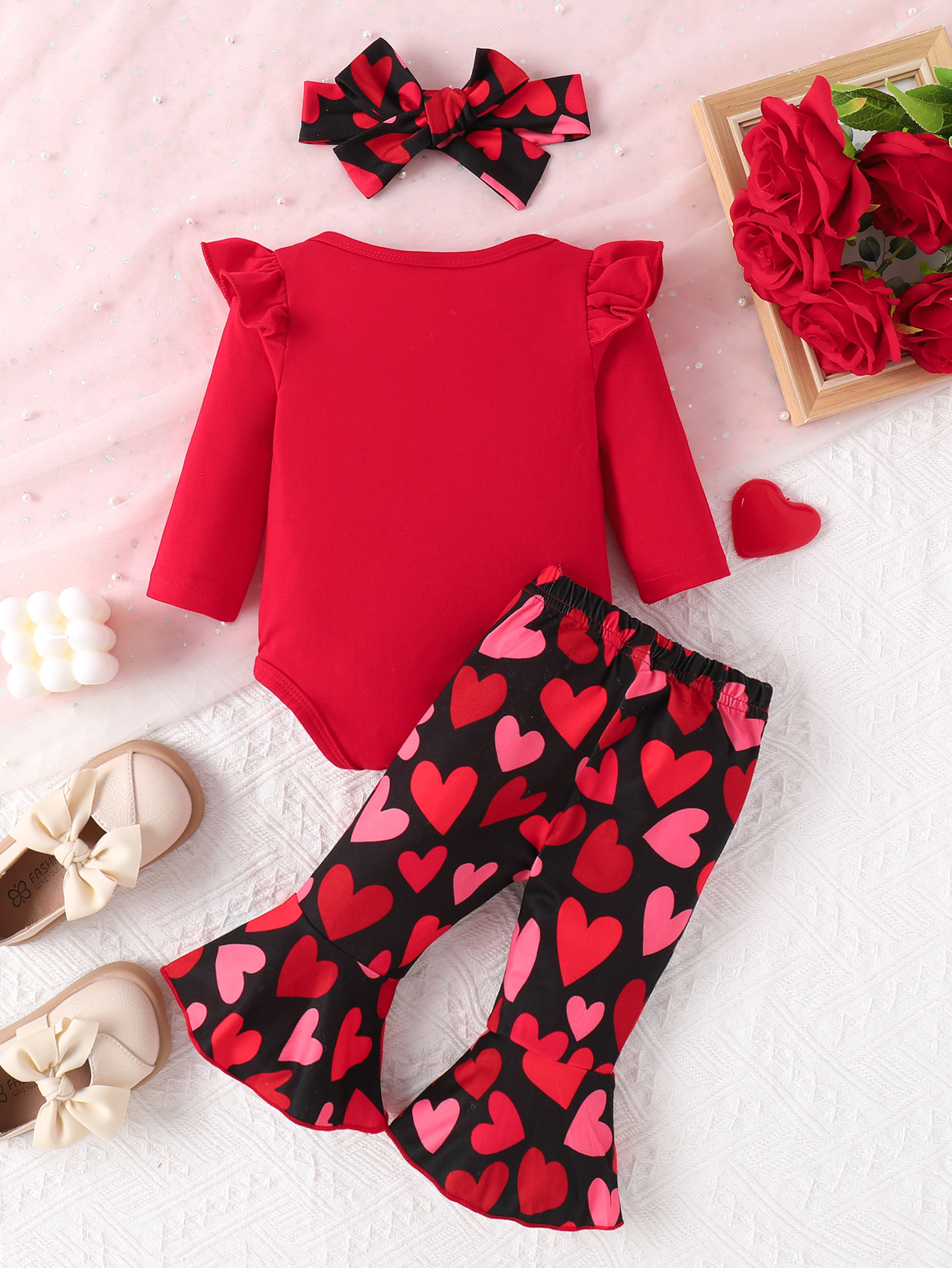 Sarah Valentines Baby Girls Clothes Newborn Infant Baby Girls Outfits Long Sleeve Ruffle Romper Flared Pants Headband Sets 1-24 Months