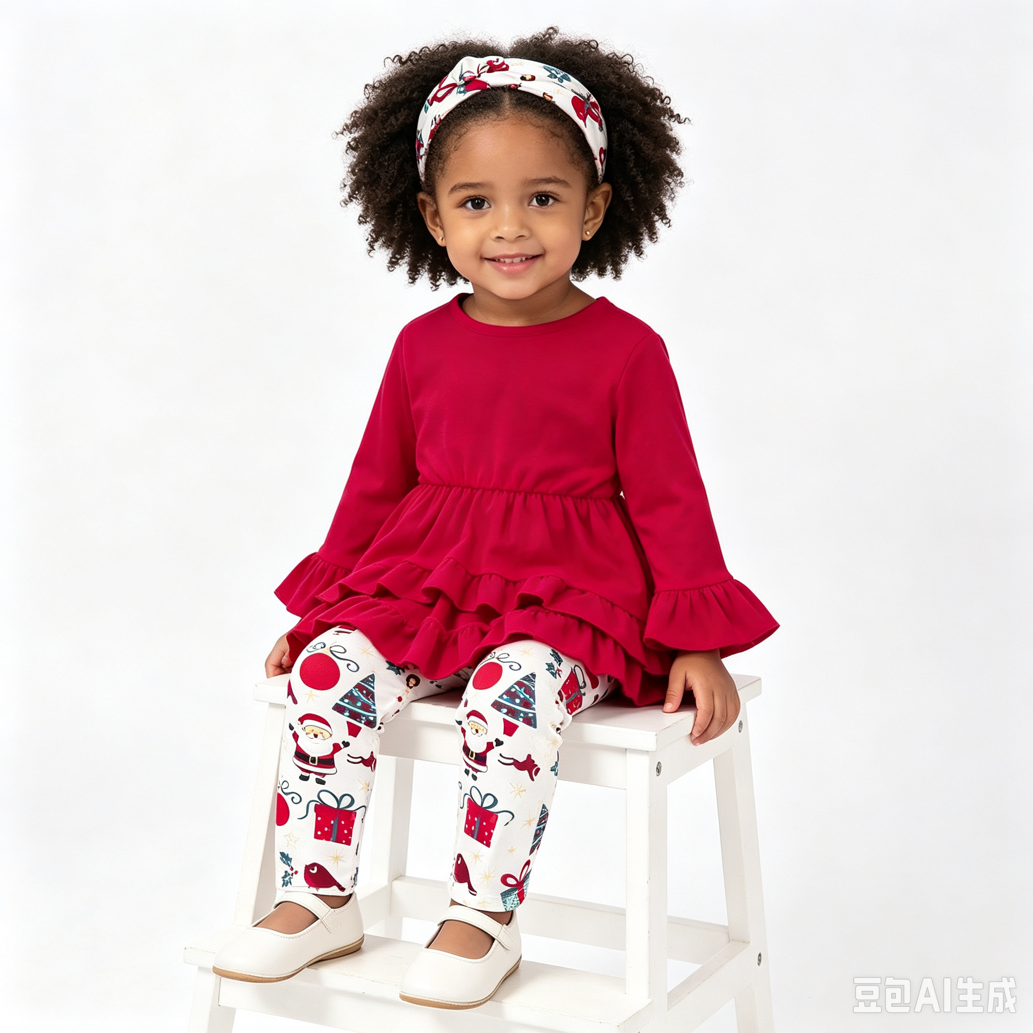 Sarah Toddler Baby Girl 3Pcs Christmas Outfit Set, Ruffle Long Sleeve Peplum Top + Santa Print Leggings + Matching Headband, Kids Girls Holiday Clothing Sets