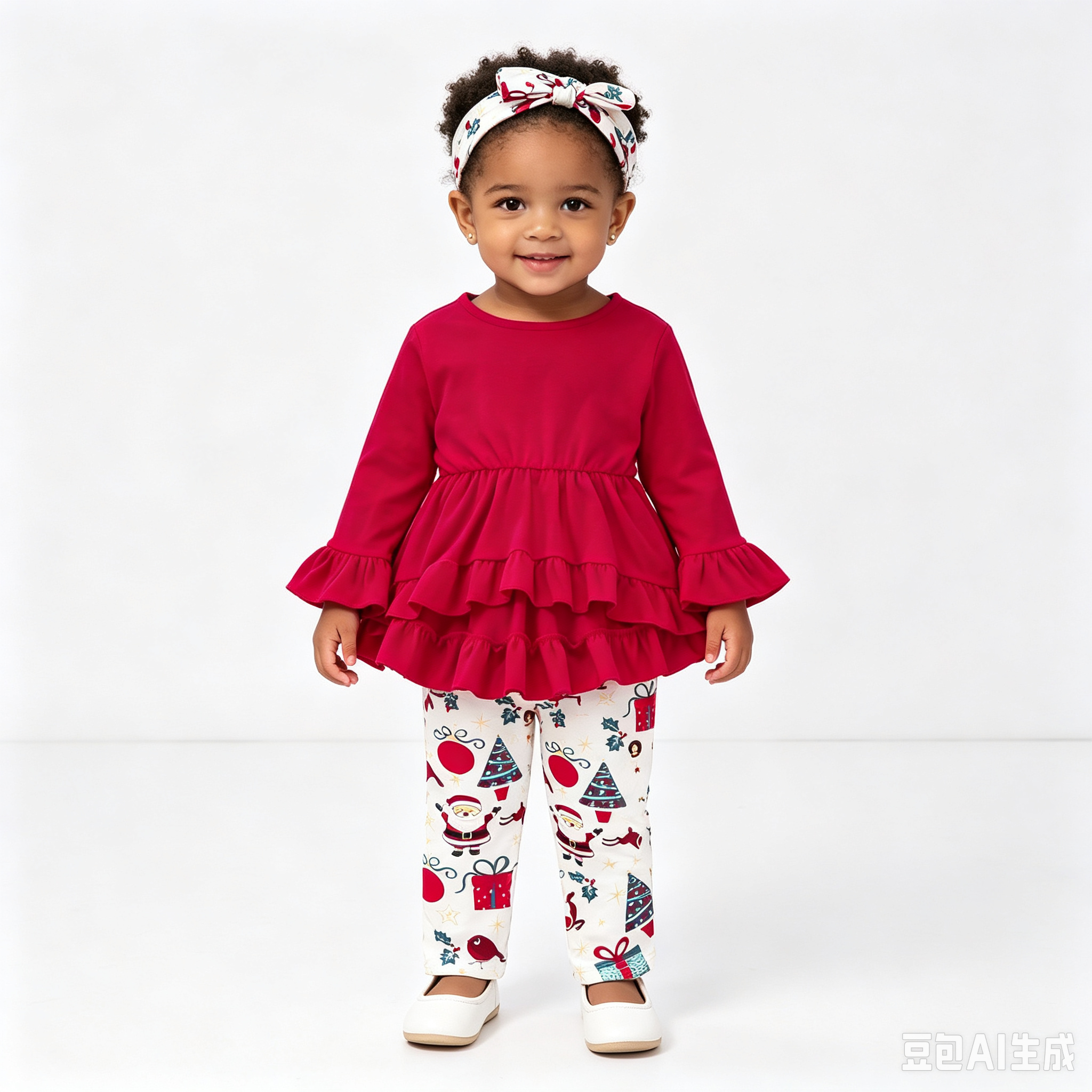 Sarah Toddler Baby Girl 3Pcs Christmas Outfit Set, Ruffle Long Sleeve Peplum Top + Santa Print Leggings + Matching Headband, Kids Girls Holiday Clothing Sets