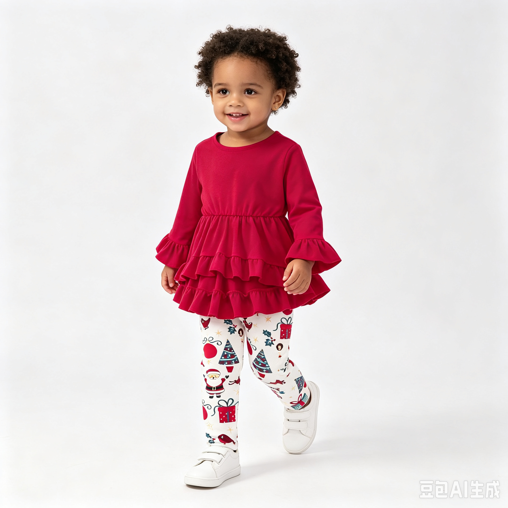 Sarah Toddler Baby Girl 3Pcs Christmas Outfit Set, Ruffle Long Sleeve Peplum Top + Santa Print Leggings + Matching Headband, Kids Girls Holiday Clothing Sets