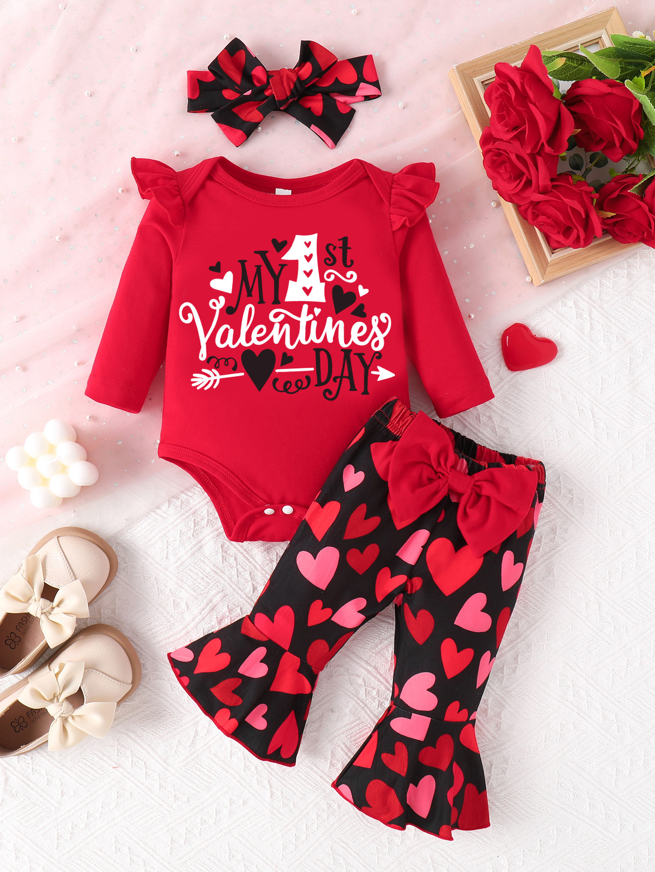 Sarah Valentines Baby Girls Clothes Newborn Infant Baby Girls Outfits Long Sleeve Ruffle Romper Flared Pants Headband Sets 1-24 Months