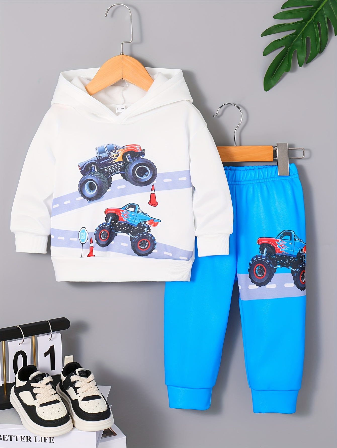 Toddler Baby Boy 2 Piece Outfit Set, Cartoon Race Car Dinosaur Bear Monster Truck Print Hoodie Sweatshirt + Elastic Sweatpants, Kids Boys Fall Casual Clothing Sets