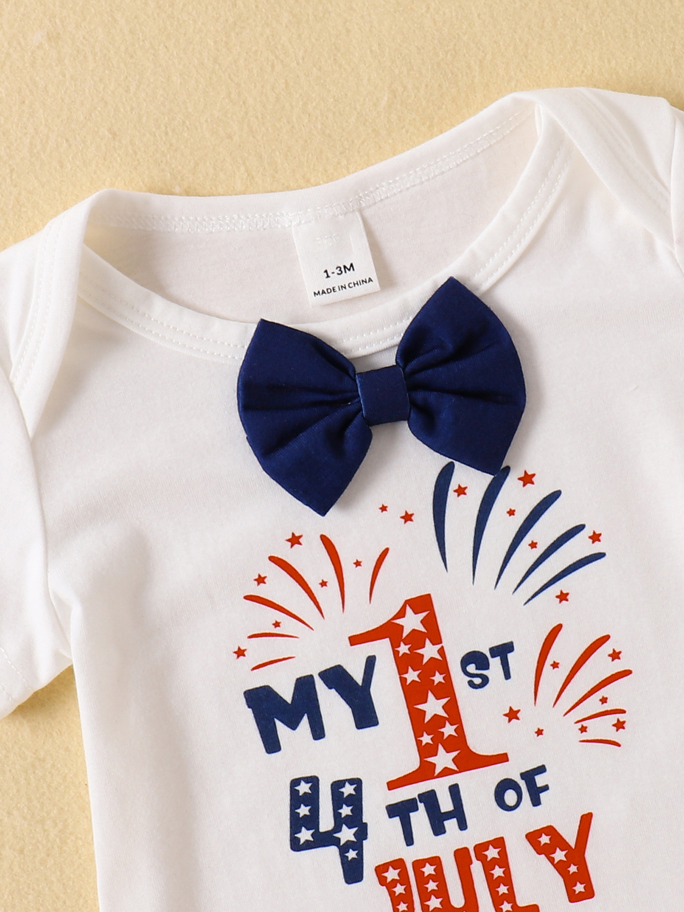 Sarah Baby Boy 3Pcs 4th of July Outfit, "My 1st 4th of July" Print Bow Short Sleeve Romper + Flag Star Print Suspender Shorts + Hat Set, Independence Day Newborn Casual Clothes