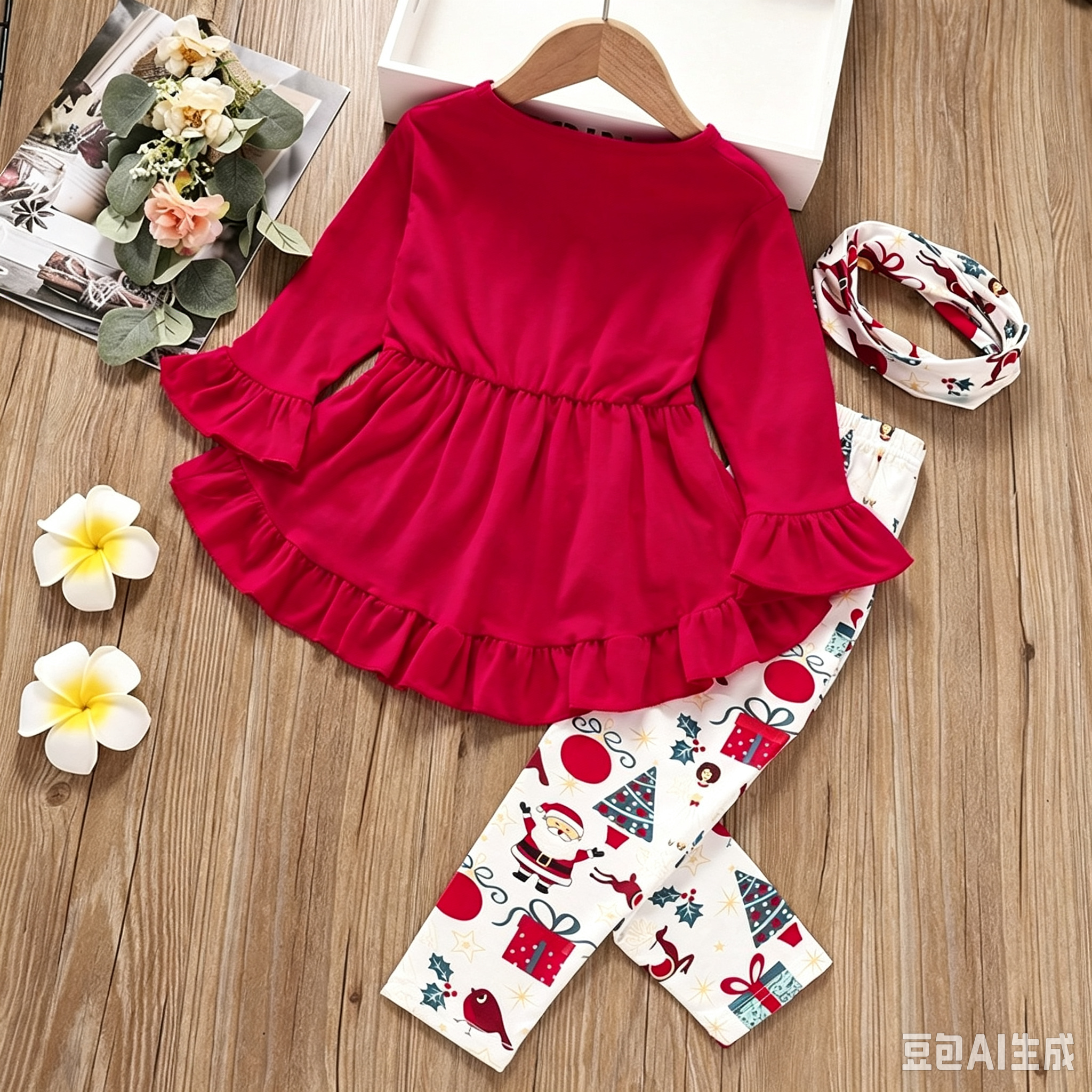 Sarah Toddler Baby Girl 3Pcs Christmas Outfit Set, Ruffle Long Sleeve Peplum Top + Santa Print Leggings + Matching Headband, Kids Girls Holiday Clothing Sets