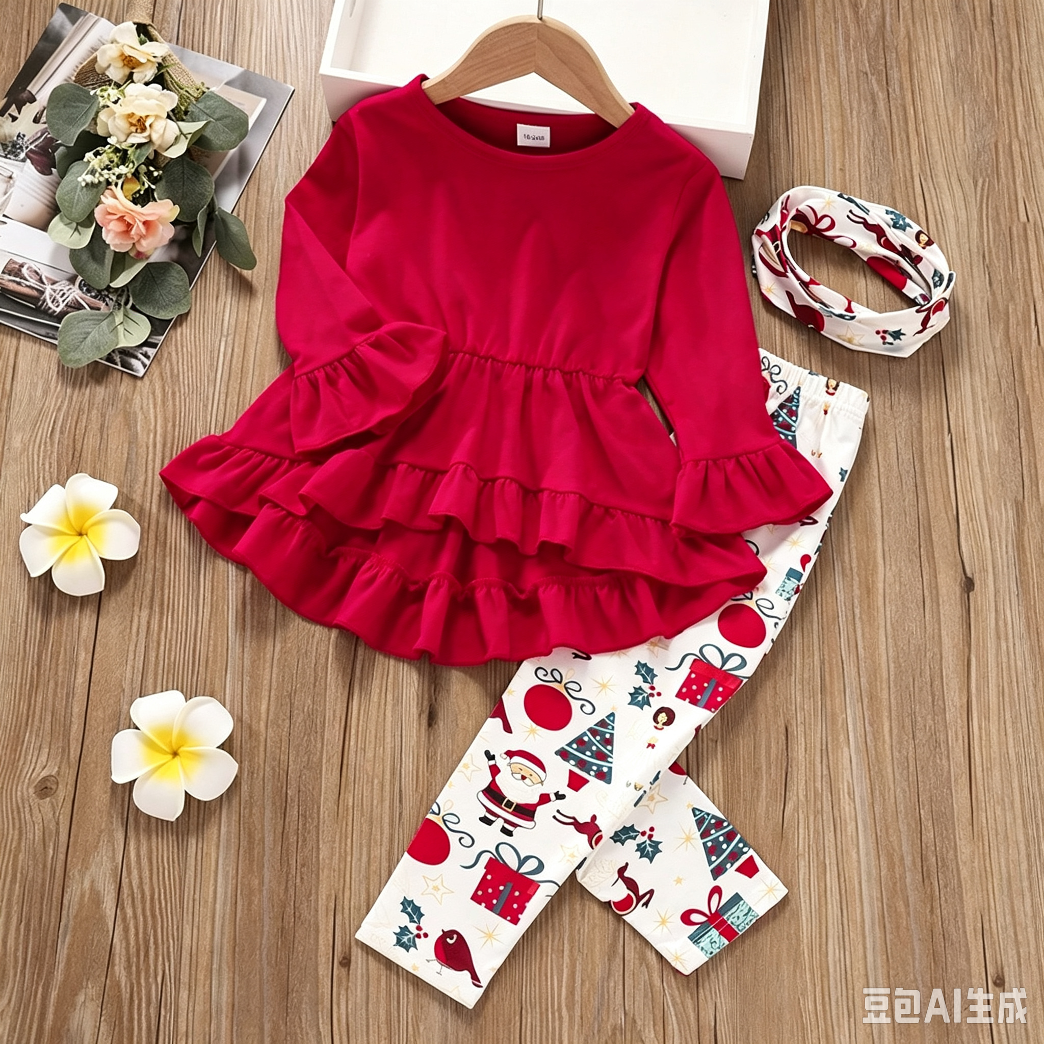 Sarah Toddler Baby Girl 3Pcs Christmas Outfit Set, Ruffle Long Sleeve Peplum Top + Santa Print Leggings + Matching Headband, Kids Girls Holiday Clothing Sets