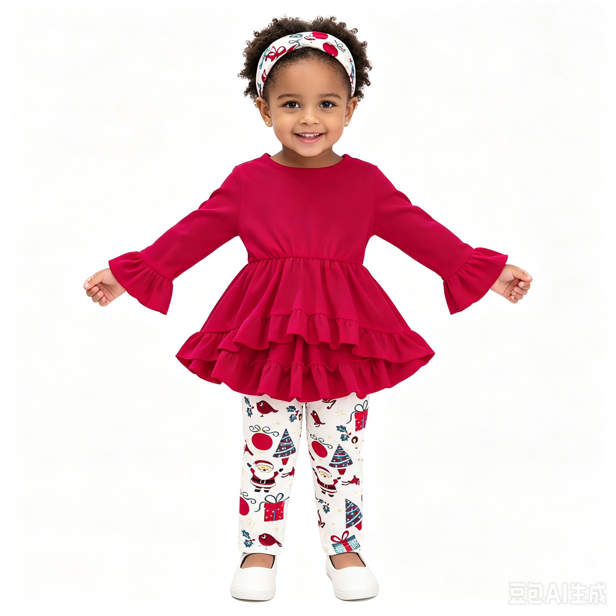 Sarah Toddler Baby Girl 3Pcs Christmas Outfit Set, Ruffle Long Sleeve Peplum Top + Santa Print Leggings + Matching Headband, Kids Girls Holiday Clothing Sets