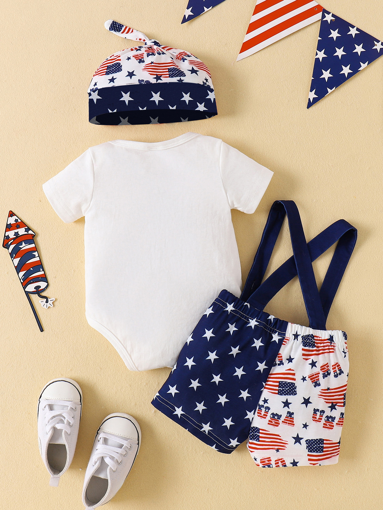 Sarah Baby Boy 3Pcs 4th of July Outfit, "My 1st 4th of July" Print Bow Short Sleeve Romper + Flag Star Print Suspender Shorts + Hat Set, Independence Day Newborn Casual Clothes