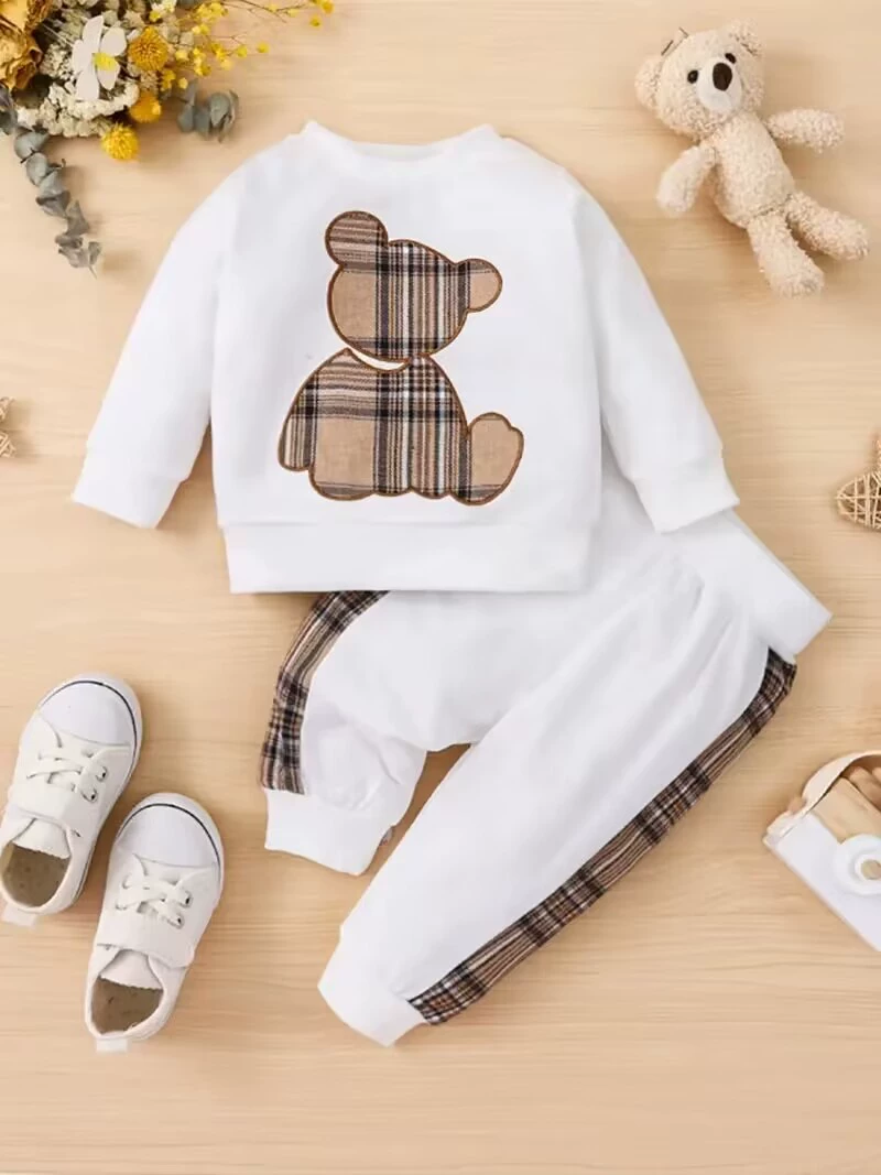 Sarah Toddler Baby Boy Girl Clothes Cute Plaid Teddy Bear Print Long Sleeve Sweatshirt + Casual Jogger Pants 2PCS Outfit Set