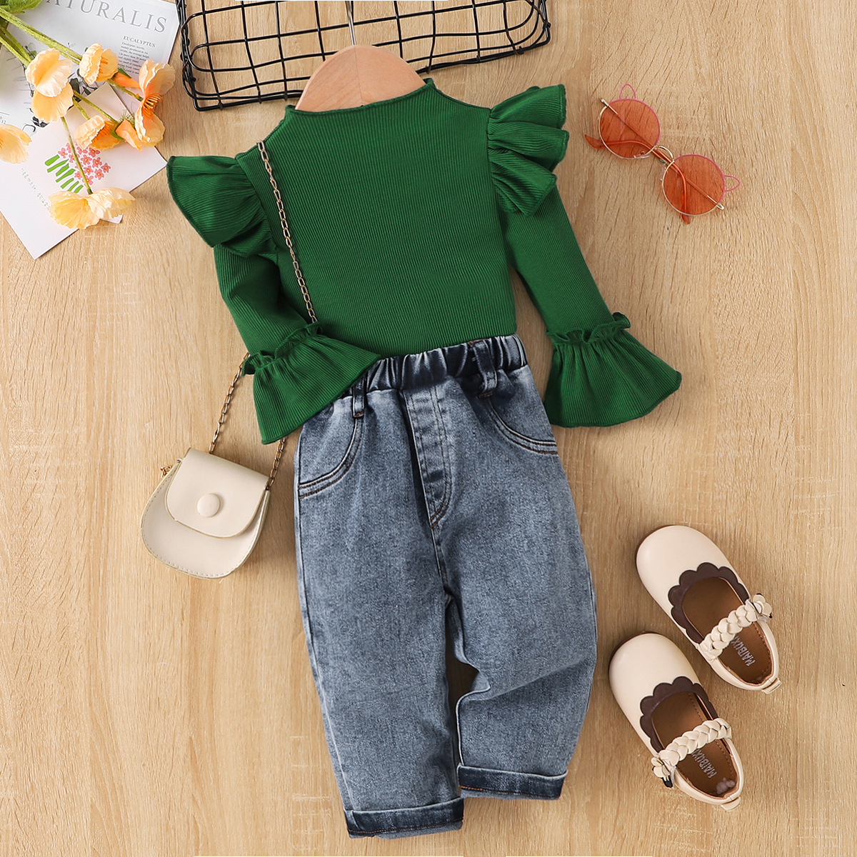 Sarah Baby Girl Fall Winter Outfit Long Sleeve Ruffle Shoulder Ribbed Knit Top Bell Cuff + Elastic Waist Denim Pants Toddler Clothes Set
