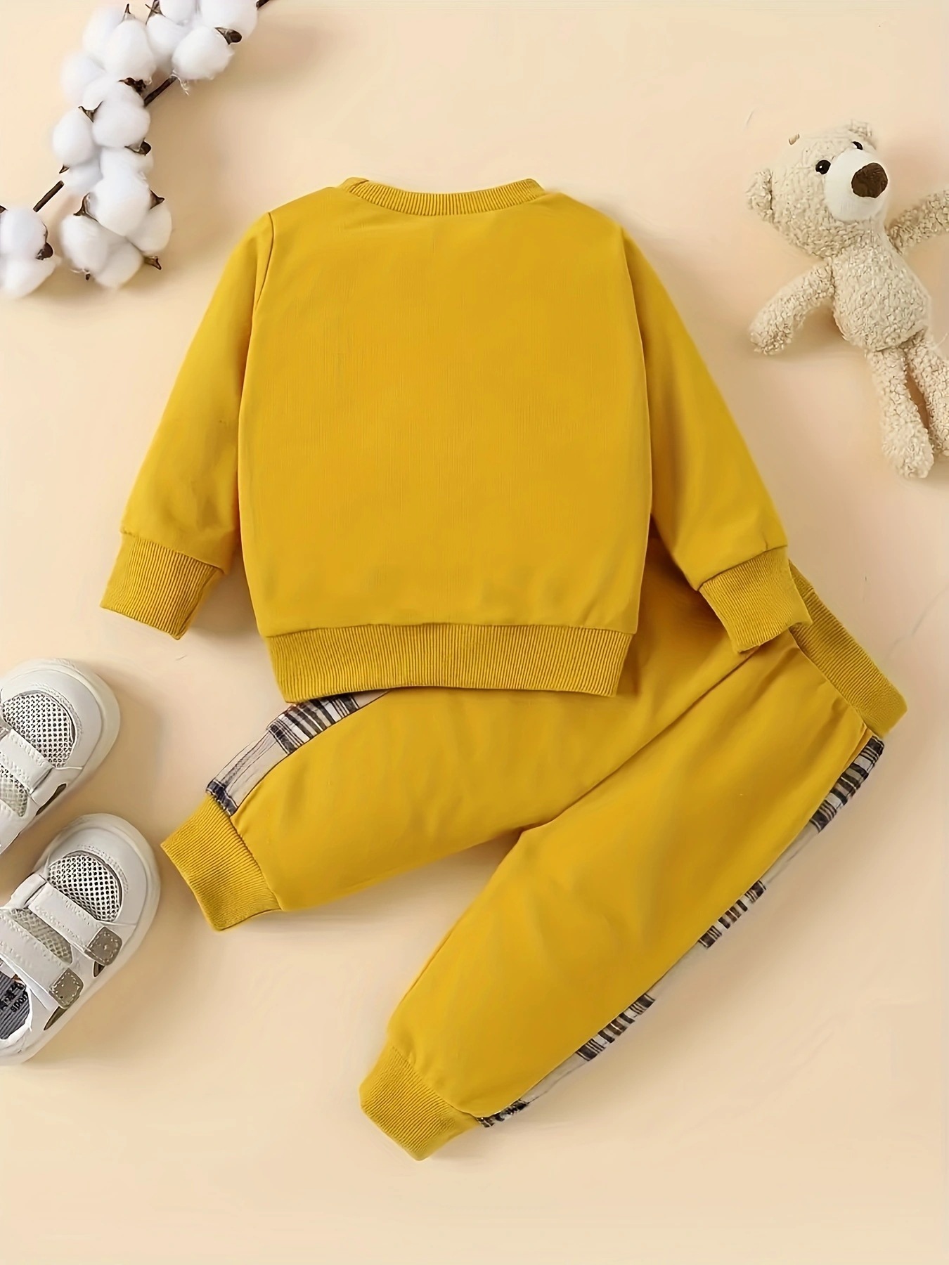 Sarah Toddler Baby Boy Girl Clothes Cute Plaid Teddy Bear Print Long Sleeve Sweatshirt + Casual Jogger Pants 2PCS Outfit Set