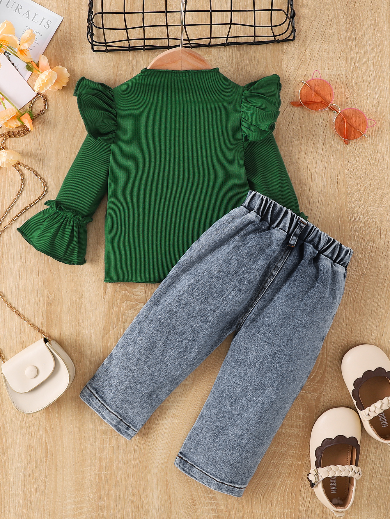 Sarah Baby Girl Fall Winter Outfit Long Sleeve Ruffle Shoulder Ribbed Knit Top Bell Cuff + Elastic Waist Denim Pants Toddler Clothes Set