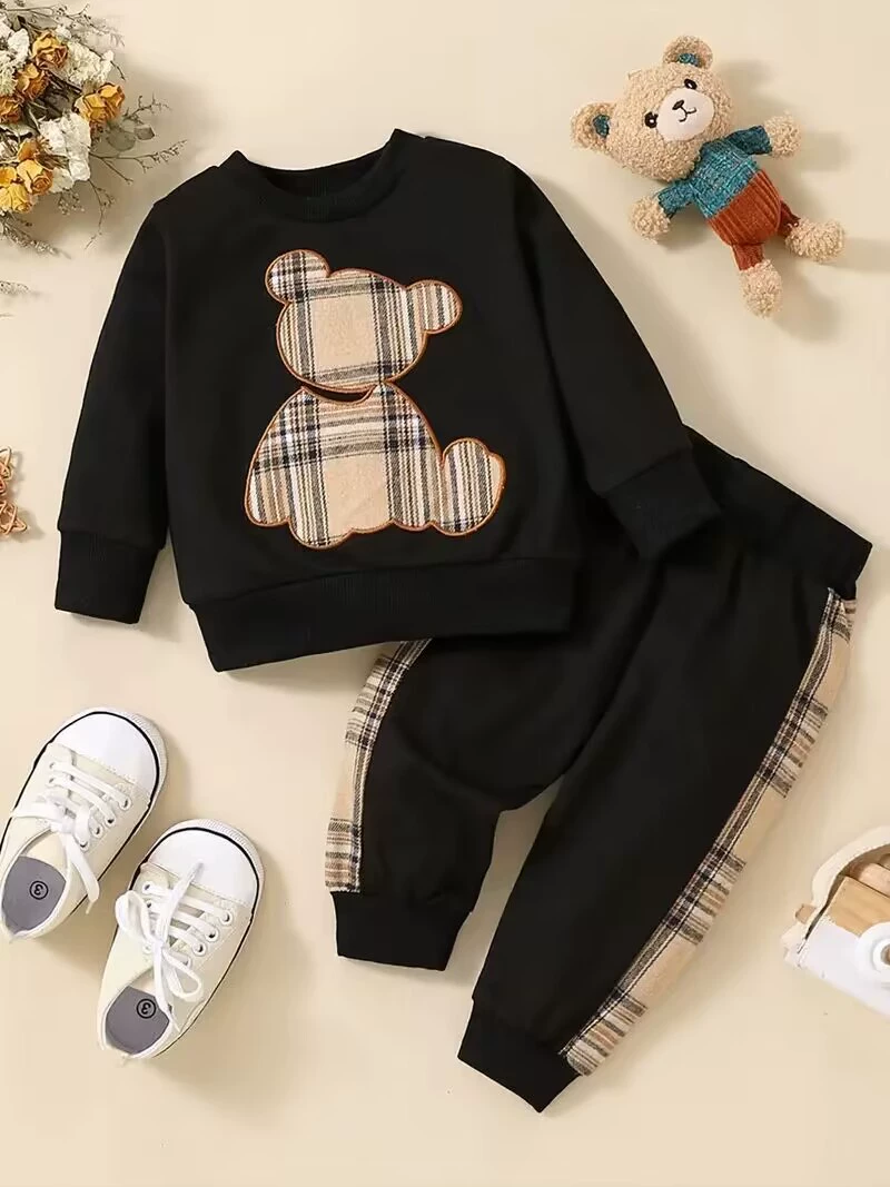 Sarah Toddler Baby Boy Girl Clothes Cute Plaid Teddy Bear Print Long Sleeve Sweatshirt + Casual Jogger Pants 2PCS Outfit Set
