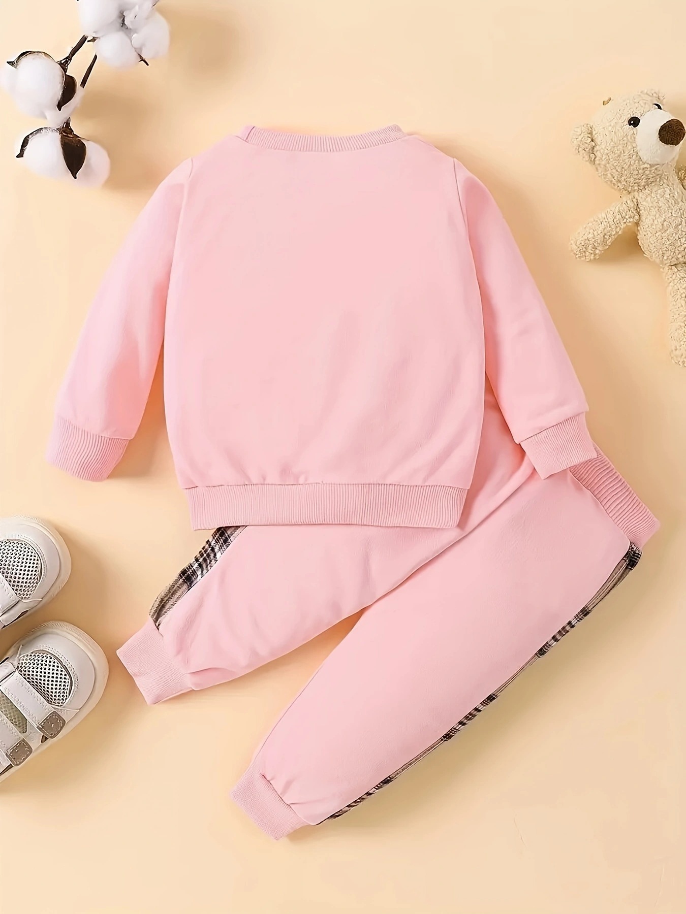 Sarah Toddler Baby Boy Girl Clothes Cute Plaid Teddy Bear Print Long Sleeve Sweatshirt + Casual Jogger Pants 2PCS Outfit Set