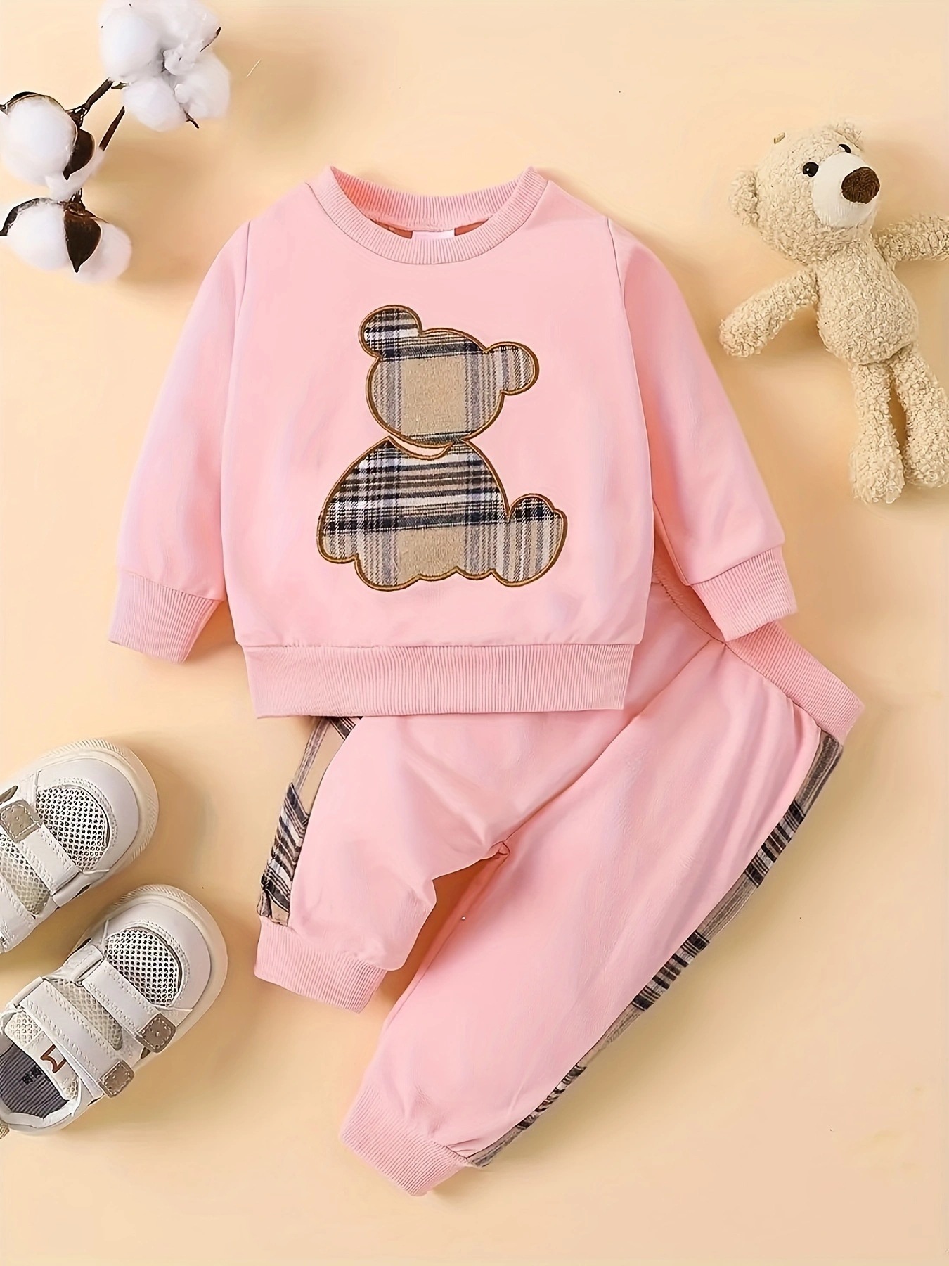 Sarah Toddler Baby Boy Girl Clothes Cute Plaid Teddy Bear Print Long Sleeve Sweatshirt + Casual Jogger Pants 2PCS Outfit Set