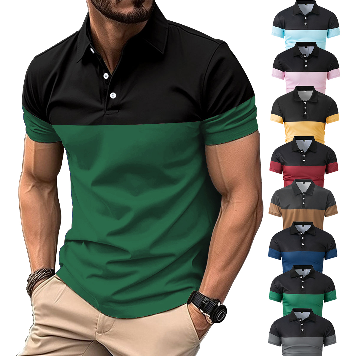 Plus Size Men Clothes Men's Casual POLO Shirt Business V-neck Button Short Sleeve Man T-shirt Color Matching Men's Tops