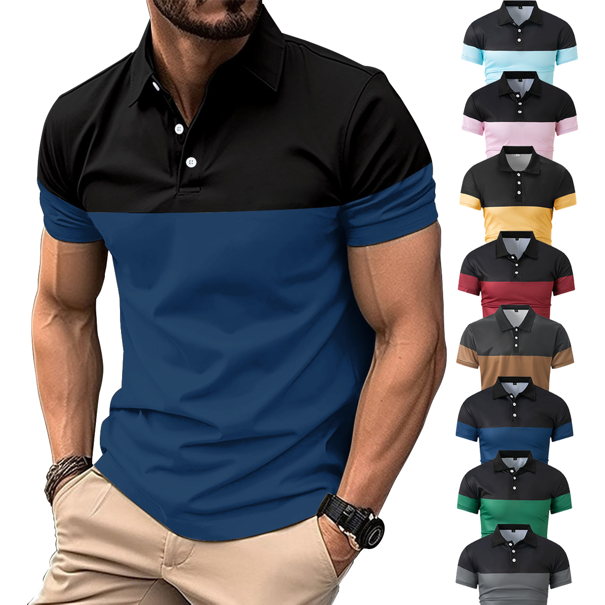 Plus Size Men Clothes Men's Casual POLO Shirt Business V-neck Button Short Sleeve Man T-shirt Color Matching Men's Tops