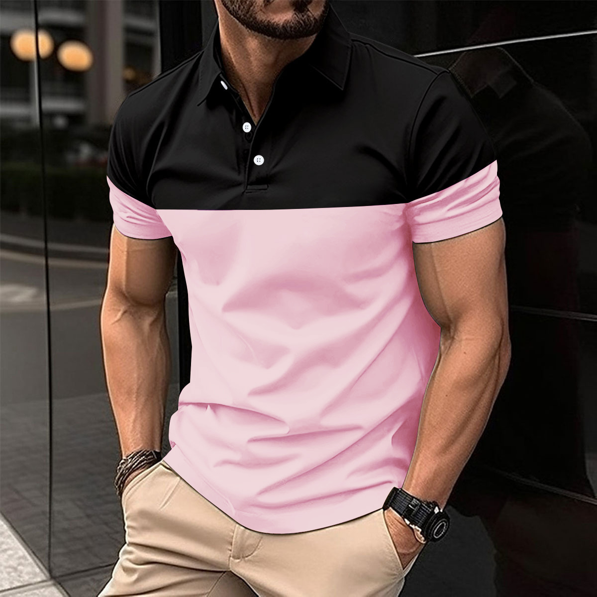 Plus Size Men Clothes Men's Casual POLO Shirt Business V-neck Button Short Sleeve Man T-shirt Color Matching Men's Tops