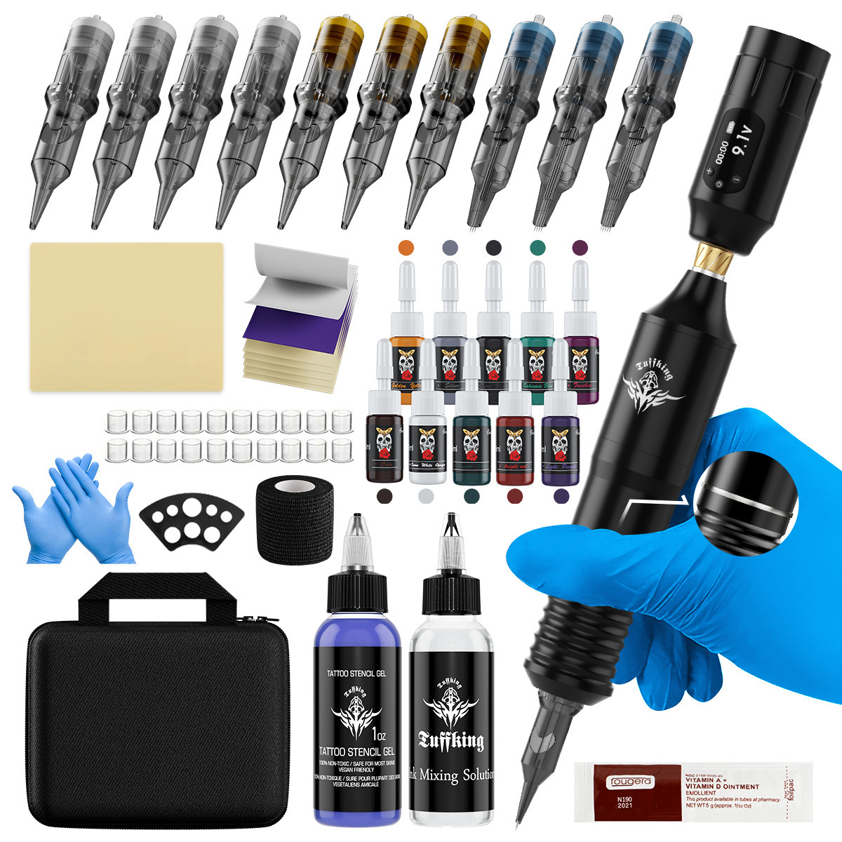 Tuffking Tattoo Kit Complete Set - Professional Tattoo Machine Pen with Power Supply, Tattoo Gun Kit for Beginners & Artists, Black Gold Ring Set