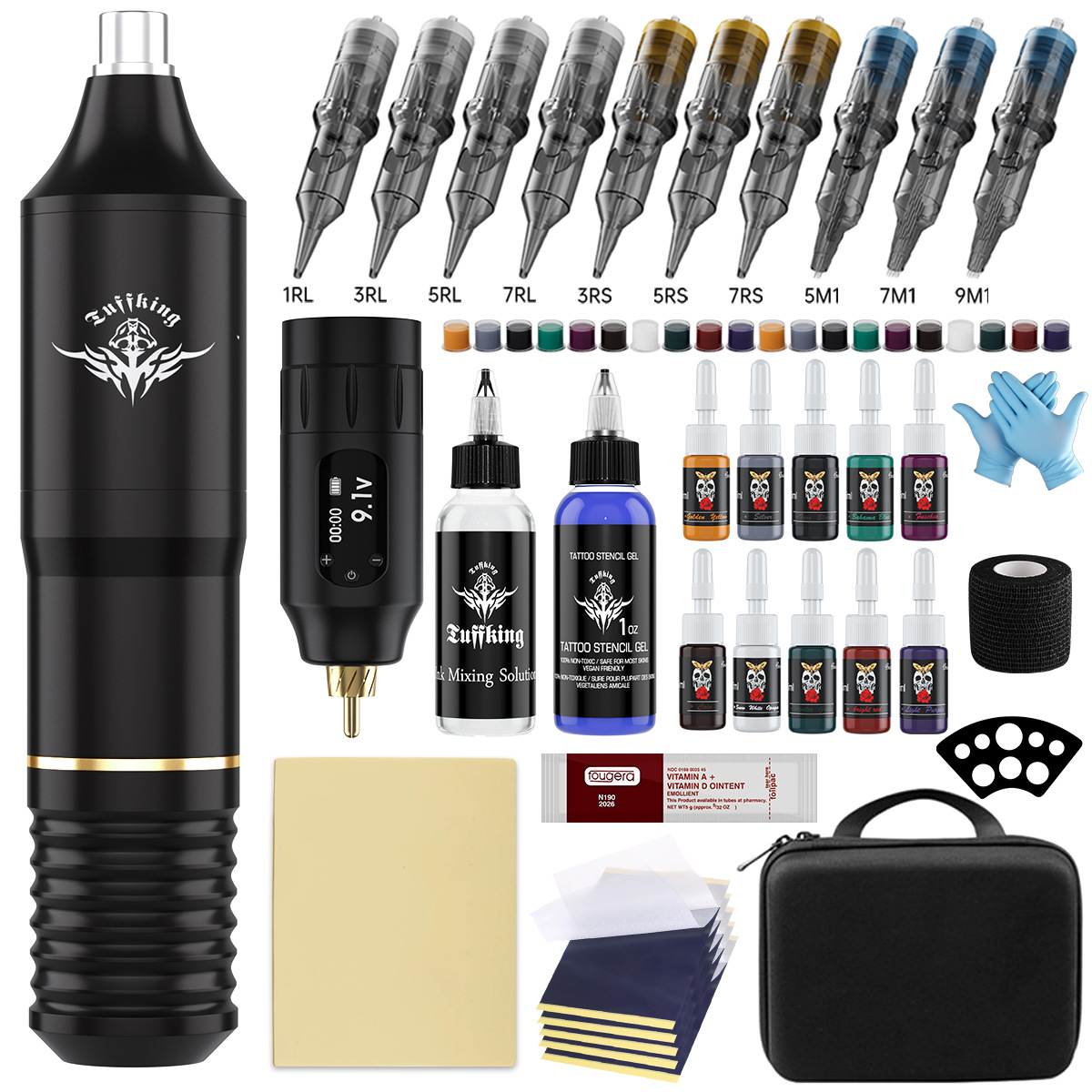 Tuffking Tattoo Kit Complete Set - Professional Tattoo Machine Pen with Power Supply, Tattoo Gun Kit for Beginners & Artists, Black Gold Ring Set