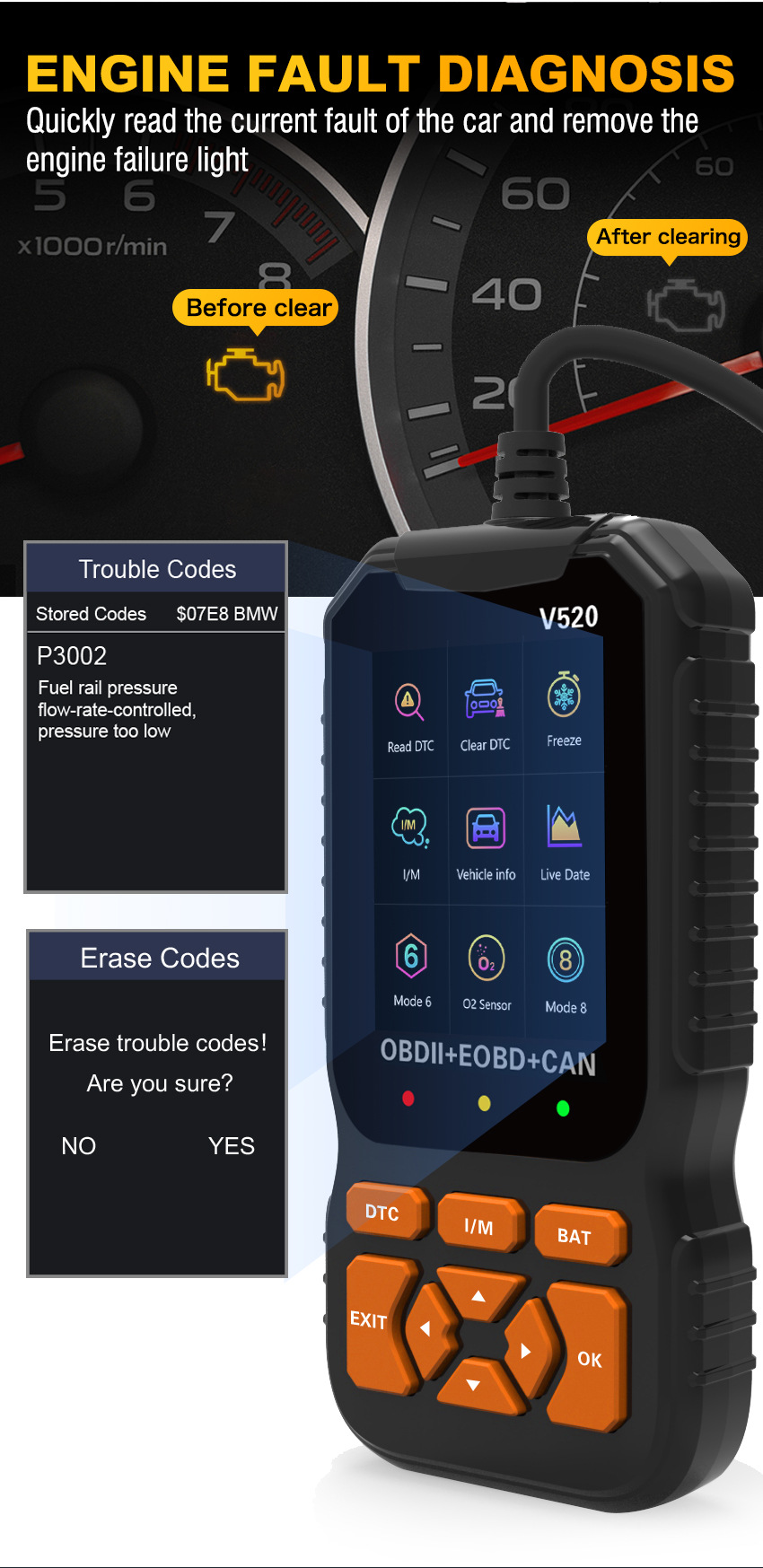 V520 OBD2 Car Diagnostic Scanner - Engine Fault Code Reader, Check Engine Light Diagnostic Tool for All OBD2 Vehicles