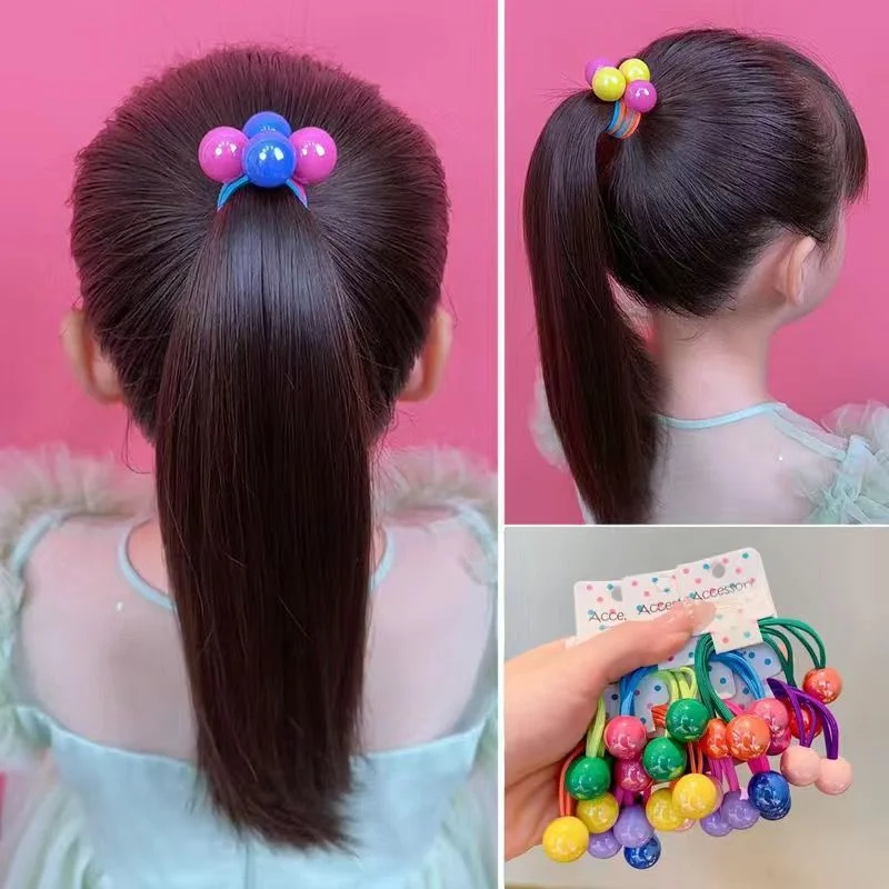 7pcs Cute Girls Candy-Colored Long Rubber Bands Ponytail Hair Bands Round Balls Colorful Headbands Princess Headwear