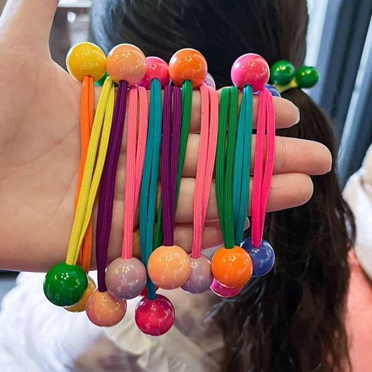 7pcs Cute Girls Candy-Colored Long Rubber Bands Ponytail Hair Bands Round Balls Colorful Headbands Princess Headwear