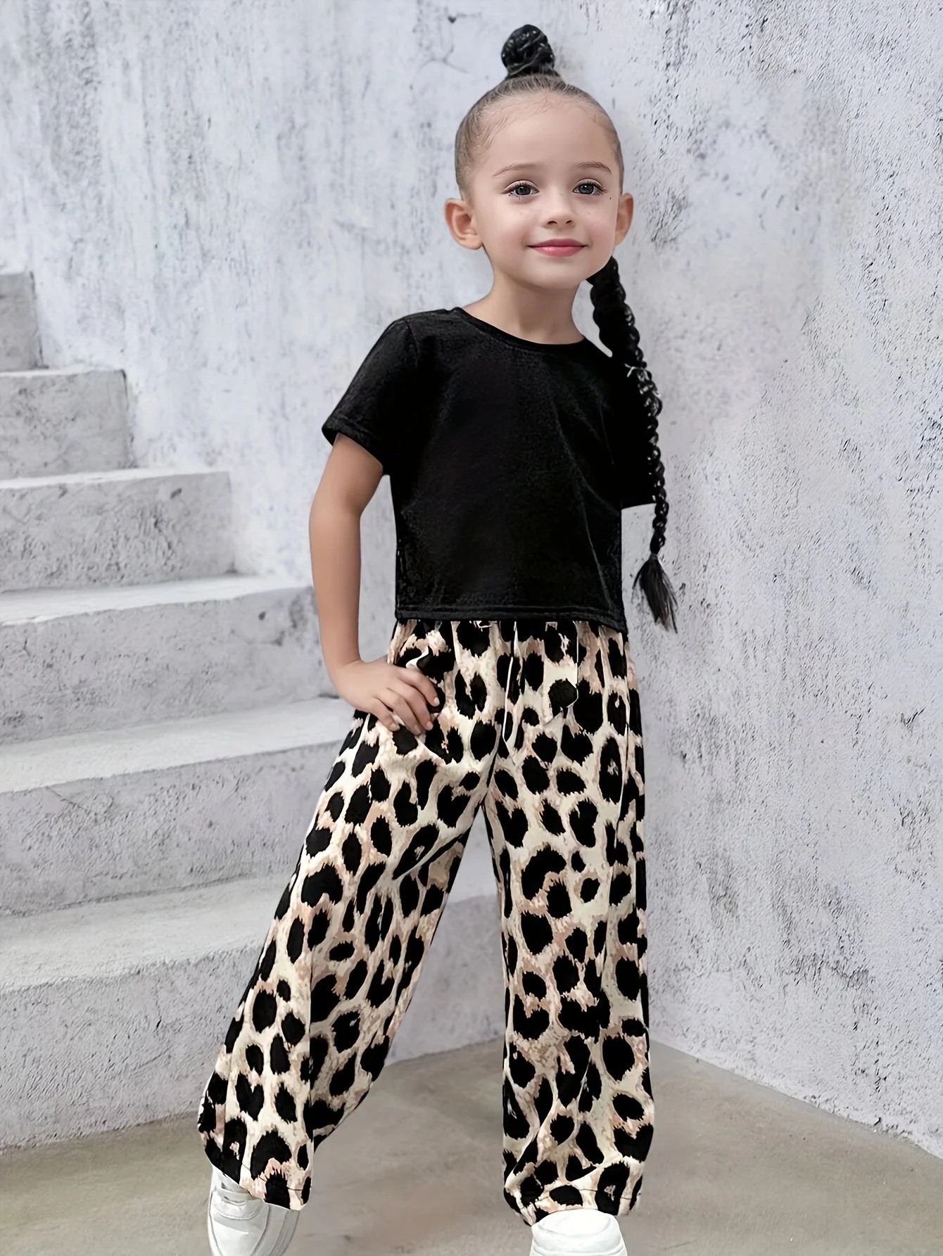 Fashion Girls Summer Leopard Print Pants Suit New Children's Casual Two-Piece Set Wide Leg Pants Set for Kids