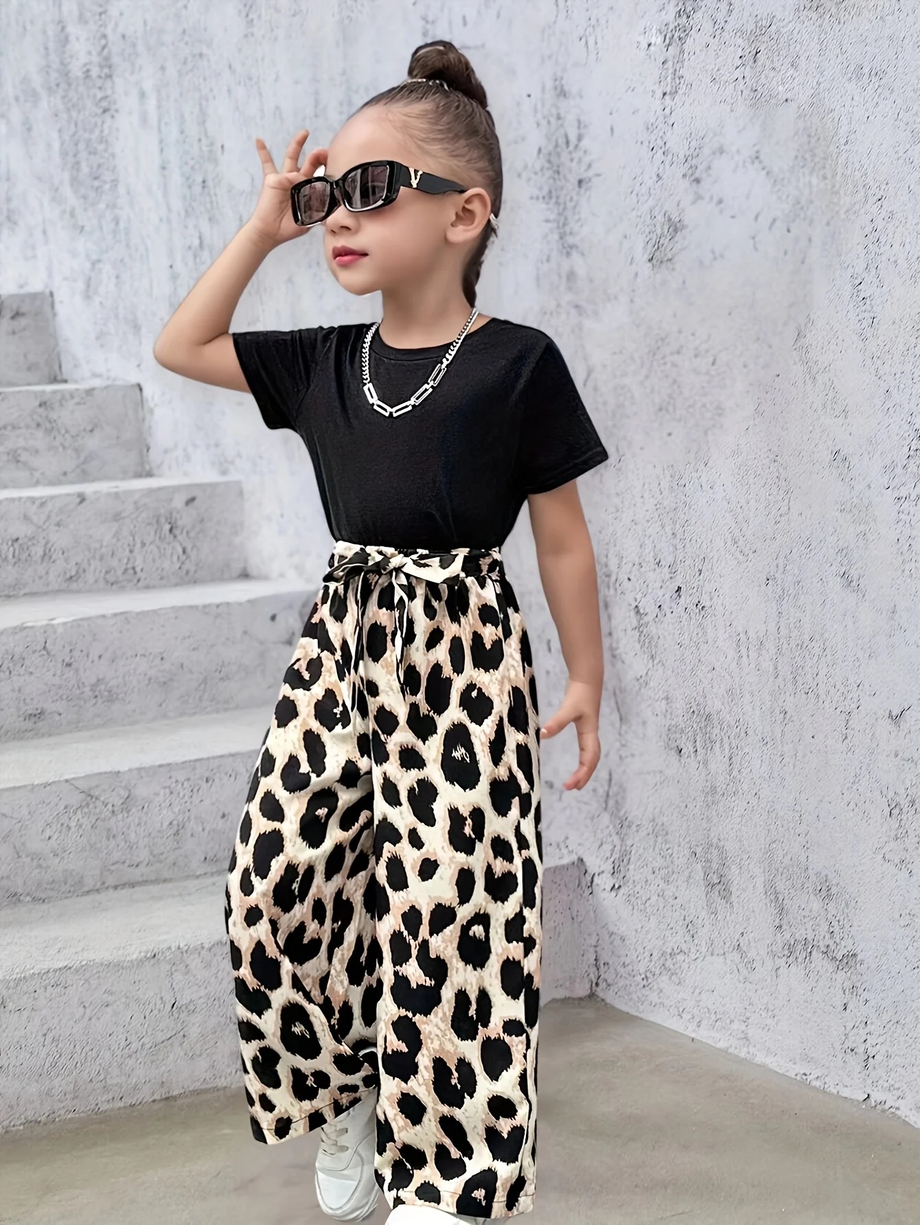 Fashion Girls Summer Leopard Print Pants Suit New Children's Casual Two-Piece Set Wide Leg Pants Set for Kids