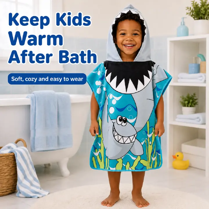 Baby Kids Hooded Bath Towel Soft Cartoon Bathrobe Quick Dry Absorbent Towel for Bath Time